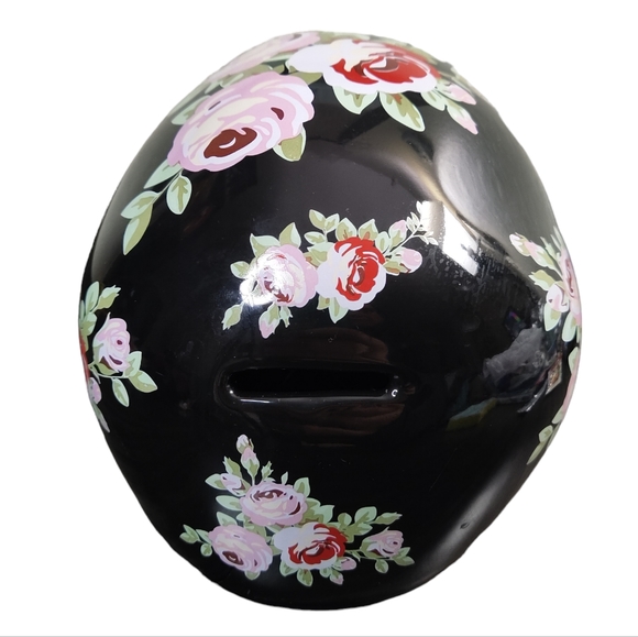 Ceramic Skull Coin Bank Black with Red & Pink Roses - Picture 4 of 5